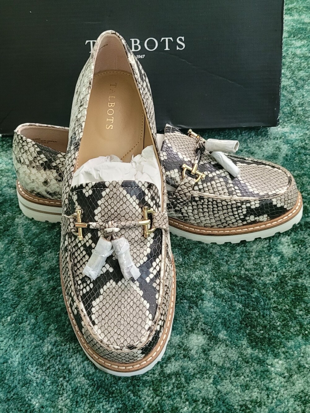 Talbots Genuine Leather Snake Print Tassel Loafers Ivory/Black